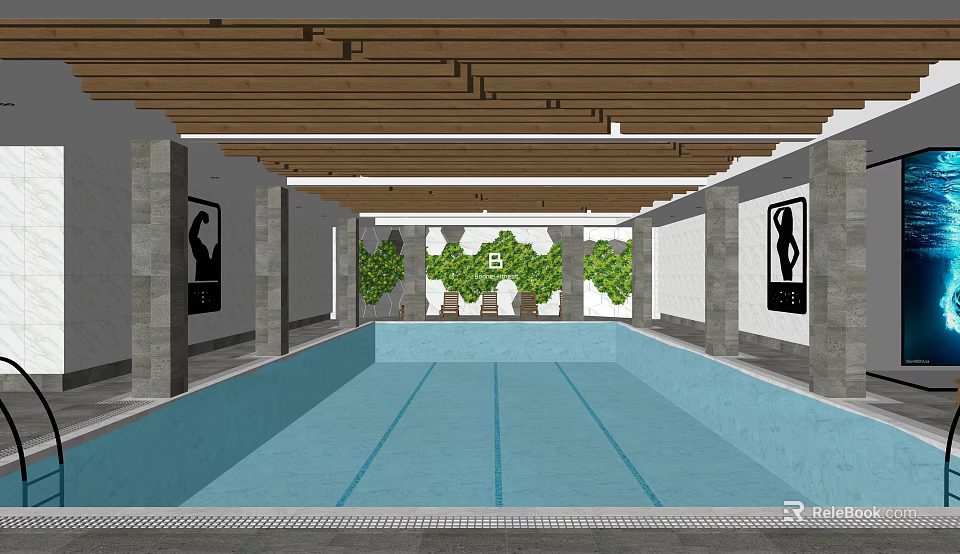 Indoor Swimming Pool Facility With Wooden Ceiling Men's Women's Signs Green Plants And Blue Water 3d model 