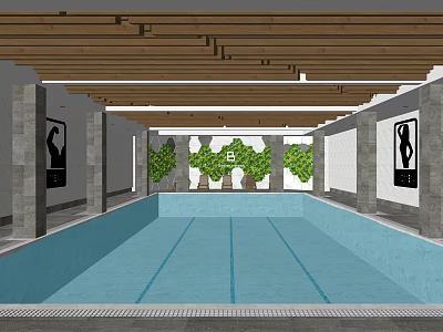 Indoor Swimming Pool Facility With Wooden Ceiling Men's Women's Signs Green Plants And Blue Water 3d model