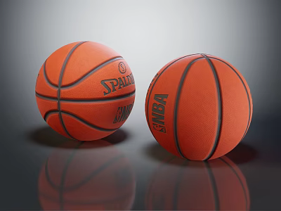 Orange Basketballs With Black Stripes Spalding And NBA Logos On Reflective Surface 3d model