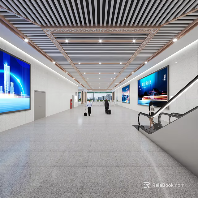 Modern Station Interior Design Featuring Wide Corridors Digital Screens Escalators and Passengers 3d model 