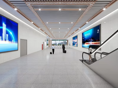 Modern Station Interior Design Featuring Wide Corridors Digital Screens Escalators and Passengers 3d model