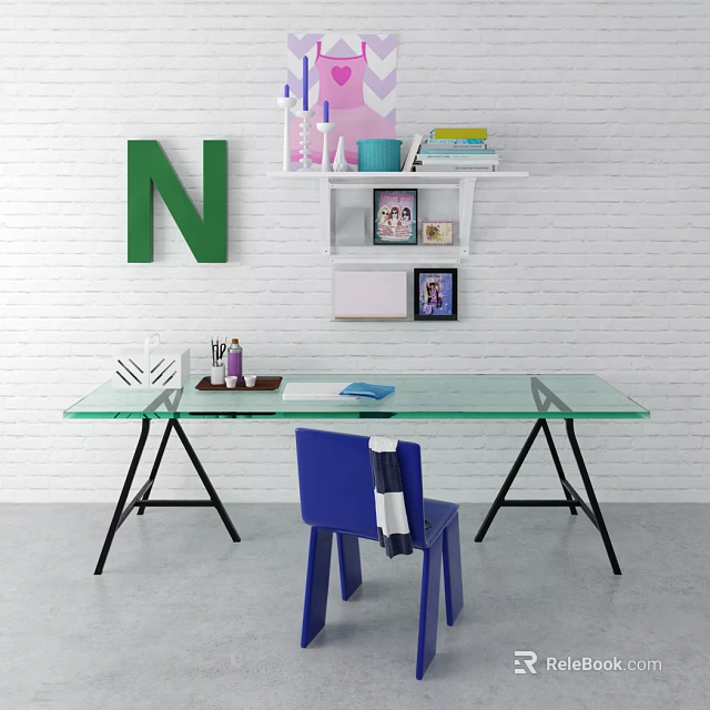 Glass Desk With Blue Chair Green Letter N And Shelf On White Brick Wall 3d model 
