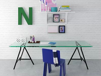 Glass Desk With Blue Chair Green Letter N And Shelf On White Brick Wall 3d model