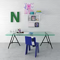 Glass Desk With Blue Chair Green Letter N And Shelf On White Brick Wall