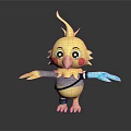 Cute Yellow Bird Game Movie Character With Red Cheeks Gray Outfit And Blue Mechanical Arm