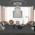Luxury Living Room with Crystal Chandelier Large Windows Sofa Fireplace and Area Rug