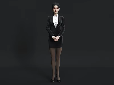 Business Woman In Black Blazer Skirt White Shirt Black Stockings High Heels On Black Background 3d model