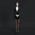 Business Woman In Black Blazer Skirt White Shirt Black Stockings High Heels On Black Background