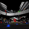 Modern Commercial Street With Multistory Buildings Shops Water Feature And Night Lighting
