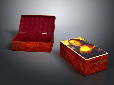 Display Cabinet Shelf Displaying Open Red Velvet Lined Box And Mona Lisa Print Box 3d model