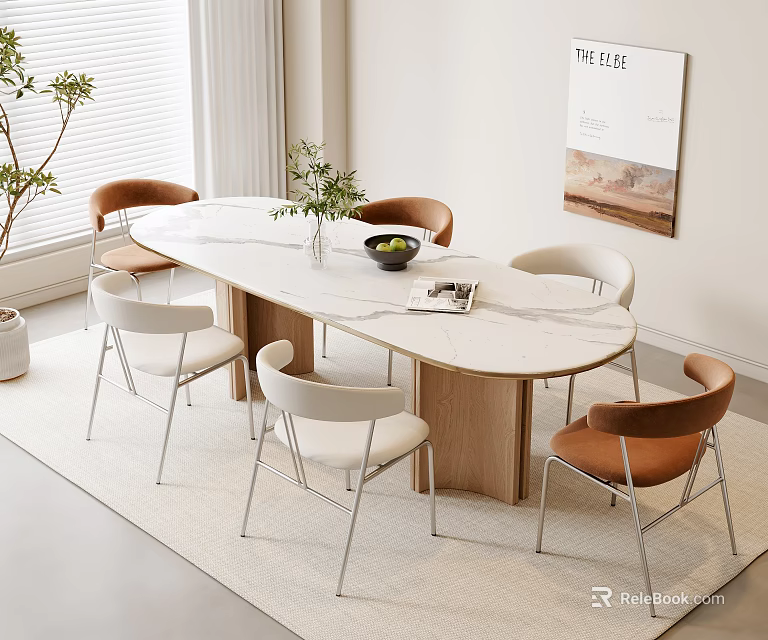 Modern Oval Dining Table Set With White Brown Chairs Wooden Legs And Green Plant 3d model 