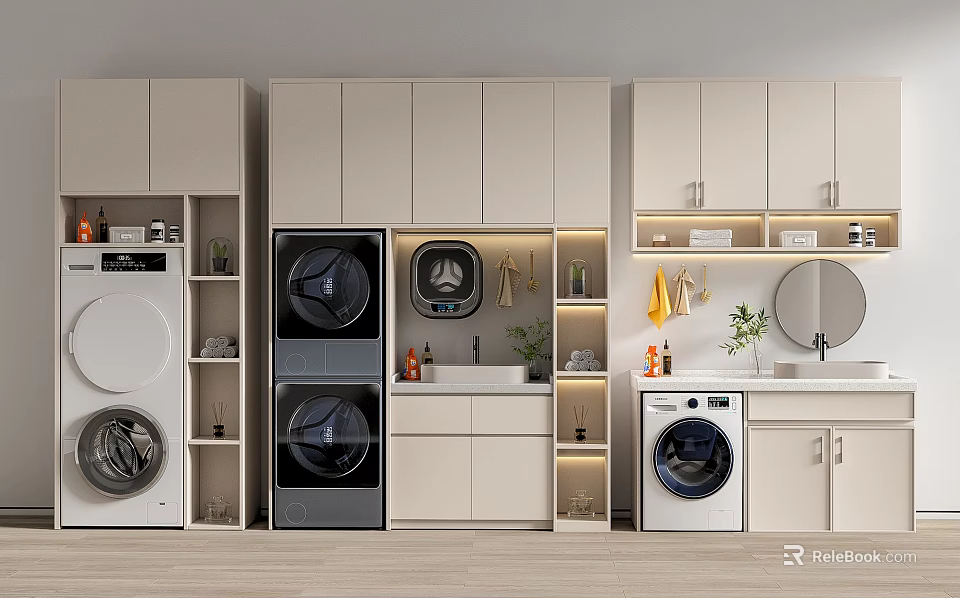 Modern Bathroom Cabinetry With Built-in Washing Machine Dryer Sink Mirror And Storage Space 3d model 