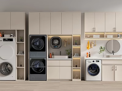Modern Bathroom Cabinetry With Built-in Washing Machine Dryer Sink Mirror And Storage Space 3d model