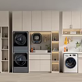 Modern Bathroom Cabinetry With Built-in Washing Machine Dryer Sink Mirror And Storage Space