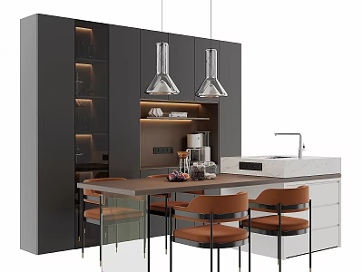 Modern Dining Table Set With Orange Chairs Dark Cabinets And White Countertop 3d model