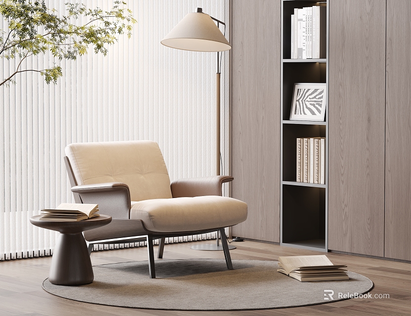 Beige Leisure Chair with Side Table Books Floor Lamp Modern Bookshelf Blinds and Plant 3d model 