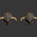 Two Viking Warrior Helmets With Horns Red Cloth Chainmail And Metallic Design