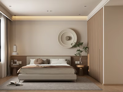 Modern Bedroom Interior With Beige Bed Headboard Circular Wall Decor Wooden Wardrobe And Potted Plant 3d model