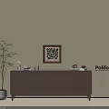 Brown Wooden Console Cabinet with Potted Tree Framed Painting and Decorative Items on Beige Wall