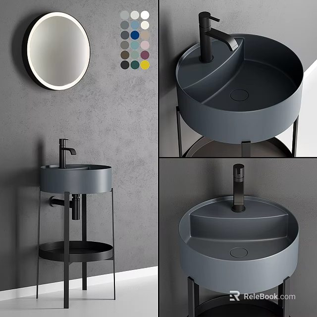Minimalist Gray Washbasin With Black Metal Stand Round Mirror And Color Palette In Modern Bathroom 3d model 