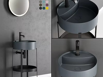 Minimalist Gray Washbasin With Black Metal Stand Round Mirror And Color Palette In Modern Bathroom 3d model