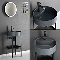 Minimalist Gray Washbasin With Black Metal Stand Round Mirror And Color Palette In Modern Bathroom