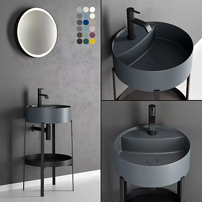 Minimalist Gray Washbasin With Black Metal Stand Round Mirror And Color Palette In Modern Bathroom 3d model