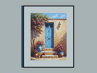 Vibrant Landscape Painting With Blue Door Yellow Wall Stone Steps And Pink Flowers In Pots 3d model