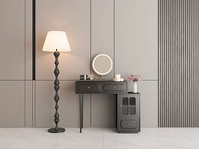 Elegant Modern Dressing Table With Round Mirror Drawers Floor Lamp And Vase With Flowers 3d model