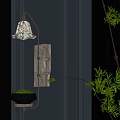Stylish Wall Lamp with Patterned Lampshade on Dark Vertical Striped Wall and Small Potted Plant