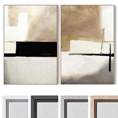 Set of Two Abstract Paintings with Geometric Lines Beige White Background and Various Colored Frames 3d model