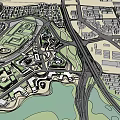 Modern Office Building Complex In Urban Planning With Green Spaces And Roads Layout