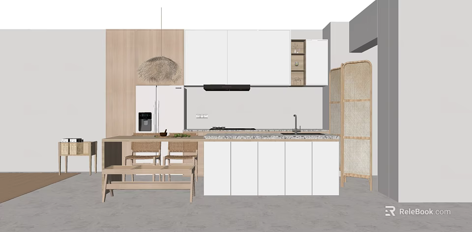Minimalist Dining Table Combination With Wooden Chairs Marble Counter And White Cabinets 3d model 