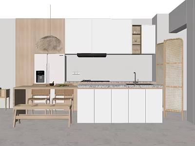 Minimalist Dining Table Combination With Wooden Chairs Marble Counter And White Cabinets 3d model