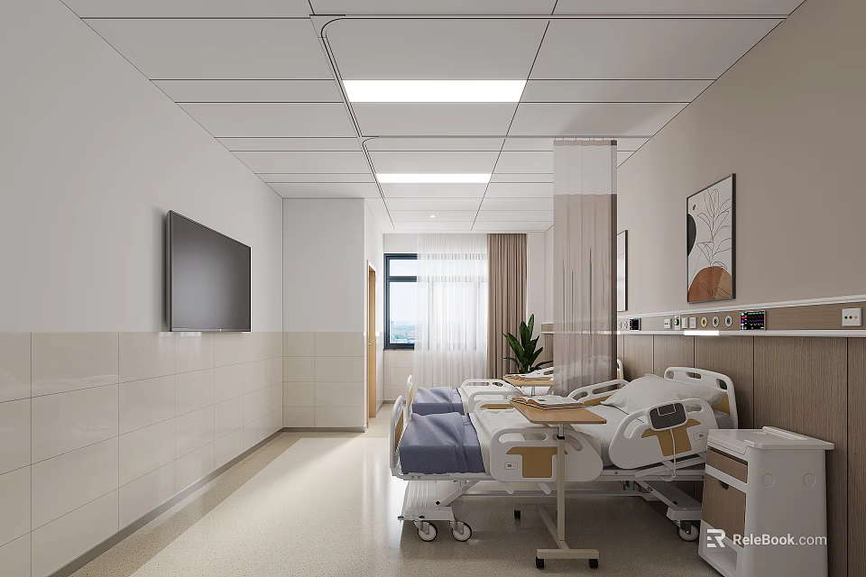 Hospital Ward Interior With Two Beds Bedside Tables TV Window And Plant 3d model 
