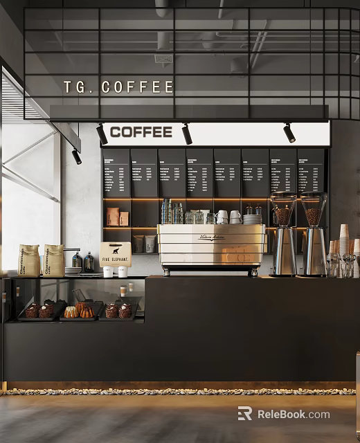 TG Coffee Shop Interior With Counter Coffee Beans Display Espresso Machine And Pastries Case 3d model 
