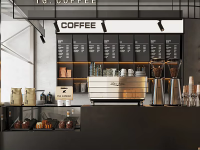 TG Coffee Shop Interior With Counter Coffee Beans Display Espresso Machine And Pastries Case 3d model