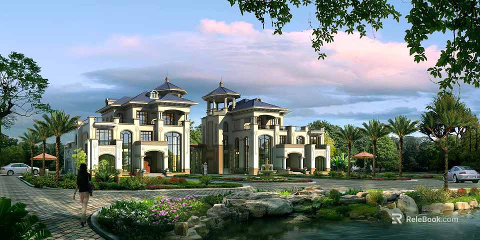 Luxurious Detached Villa With Blue Roof Arched Windows And Garden Pond Landscape 3d model 