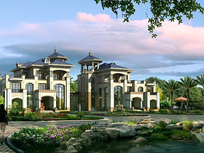 Luxurious Detached Villa With Blue Roof Arched Windows And Garden Pond Landscape 3d model