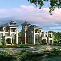 Luxurious Detached Villa With Blue Roof Arched Windows And Garden Pond Landscape