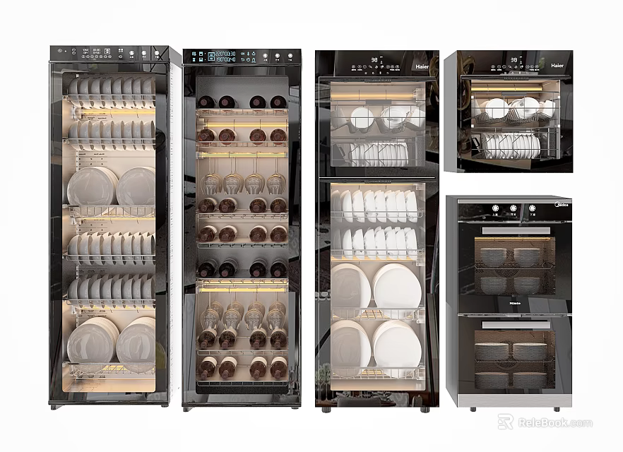 Modern Kitchen Appliances With Glass Doors For Dinnerware Storage Dishes Cups And Wine Bottles 3d model 