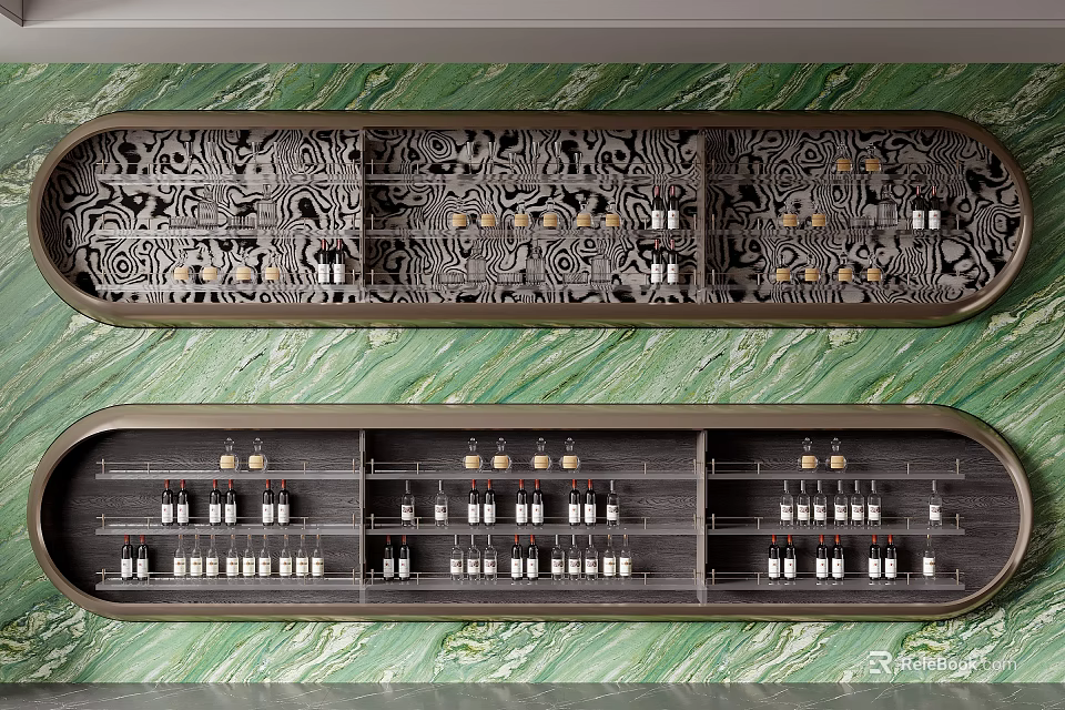 Elegant Wine Cabinet With Intricate Carving And Green Marble Backdrop Storing Wine Bottles And Glasses 3d model 