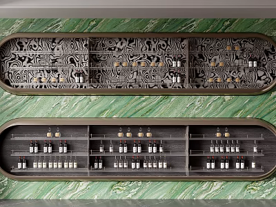 Elegant Wine Cabinet With Intricate Carving And Green Marble Backdrop Storing Wine Bottles And Glasses 3d model
