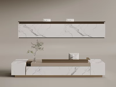 Modern Marble Reception Desk With Floating Wall Panel And Small Plant Accent 3d model