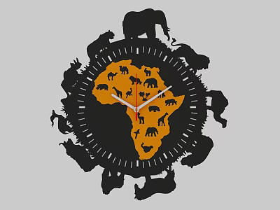 Decorative Wall Clock With Animal Silhouettes And African Map Design On Yellow Face 3d model