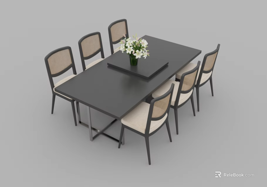 Modern Black Rectangular Dining Table Set With Six Chairs Light Seats And White Flower Vase 3d model