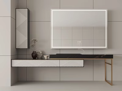 Modern Bathroom Vanity With Large Mirror Marble Countertop Tiled Wall And Decorative Drawers 3d model