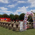 Outdoor Floral Art Decoration With Pink White Light Blue Balloon Arch And Red Carpet Aisle