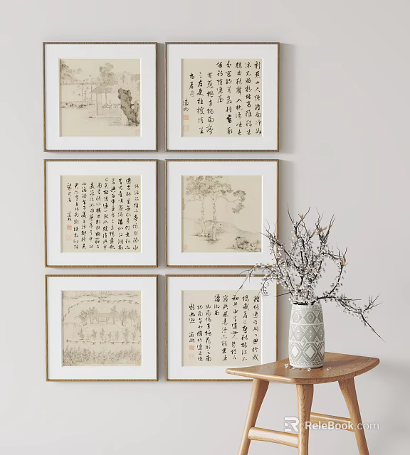 Framed Calligraphy Paintings Wall Arrangement With Small Table Vase And Dried Branches 3d model 
