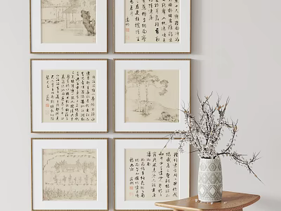 Framed Calligraphy Paintings Wall Arrangement With Small Table Vase And Dried Branches 3d model